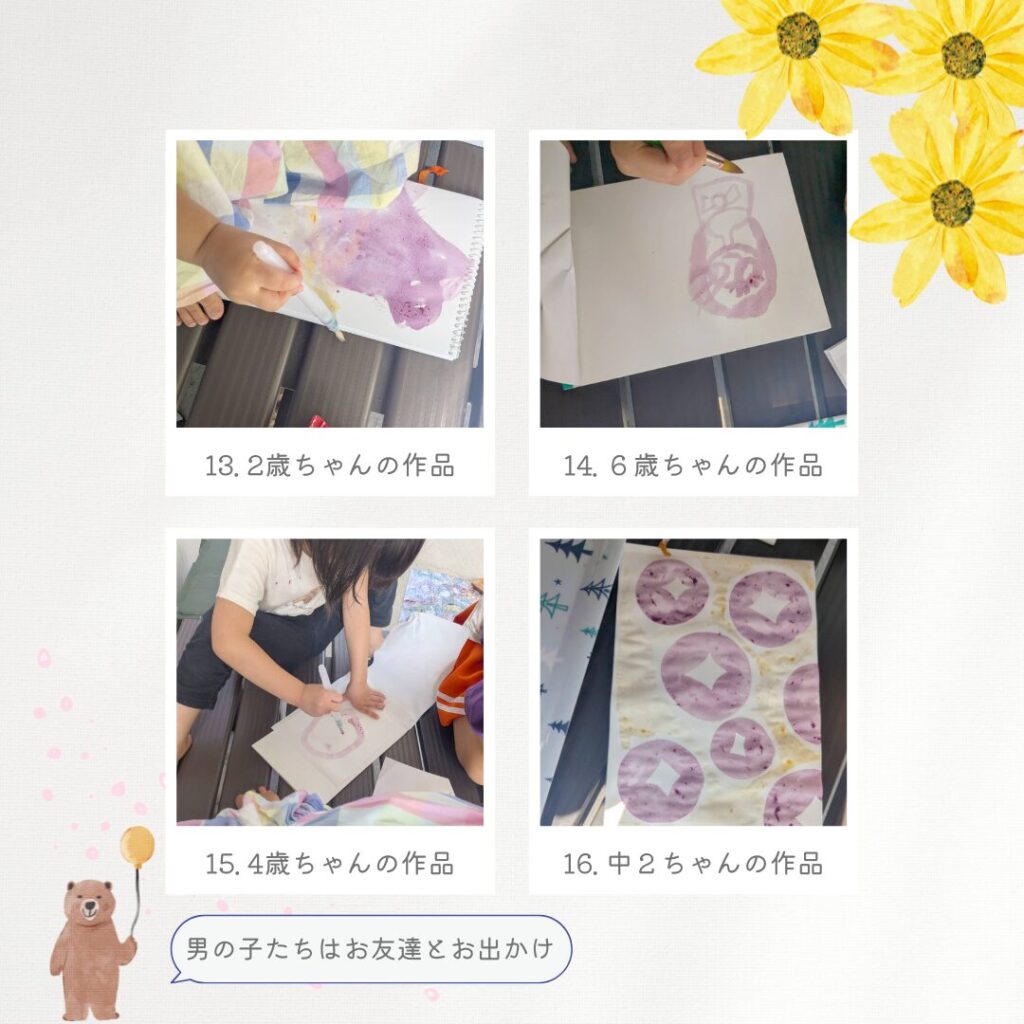 花絵の具を使って、大胆に紙いっぱいに描く２歳の絵と、可愛い女の子の絵を描く６歳の子の絵と、丁寧に丸を描く４歳の子の絵と、一色づつ色を確かめるように、朝顔を描く中２の子の絵の写真