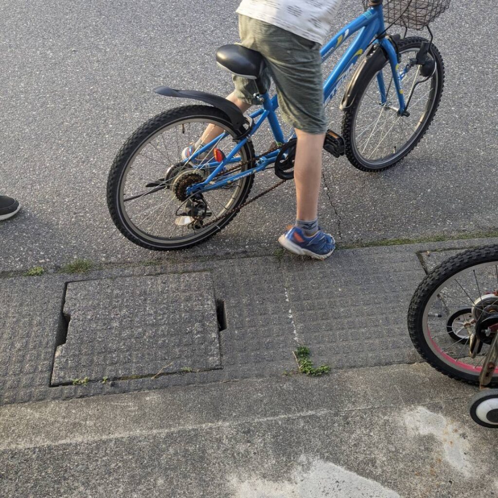 自転車に乗る男の子の後ろ姿の写真。